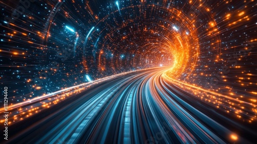 Futuristic speed tunnel with glowing particles.