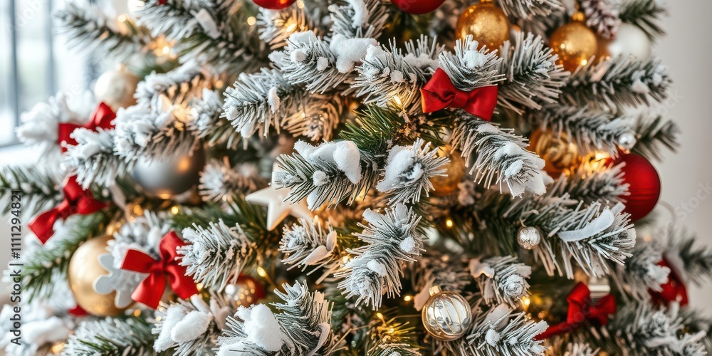 Fototapeta premium A beautifully decorated Christmas tree with colorful ornaments, lights, and ribbons, ribbons, holiday