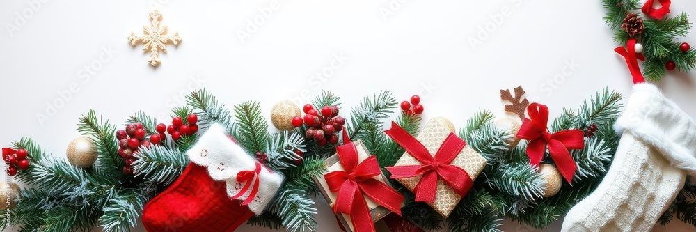 A close-up photo of a vibrant red Christmas stocking with intricate white stitching and a fluffy white cuff, present, gift A close-up photo of a vibrant red Christmas stocking with intricate white stitching and a fluffy white cuff, present, gift