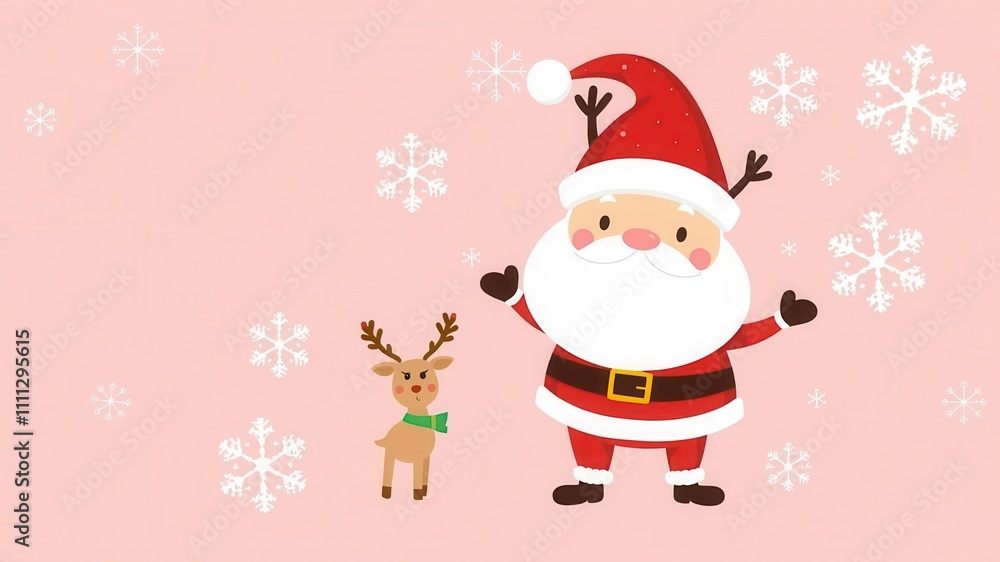 Adorable round Christmas banner with cute holiday illustrations like Santa, reindeer, and snowflakes on a red background, banner, reindeer Adorable round Christmas banner with cute holiday illustrations like Santa, reindeer, and snowflakes on a red background, banner, reindeer