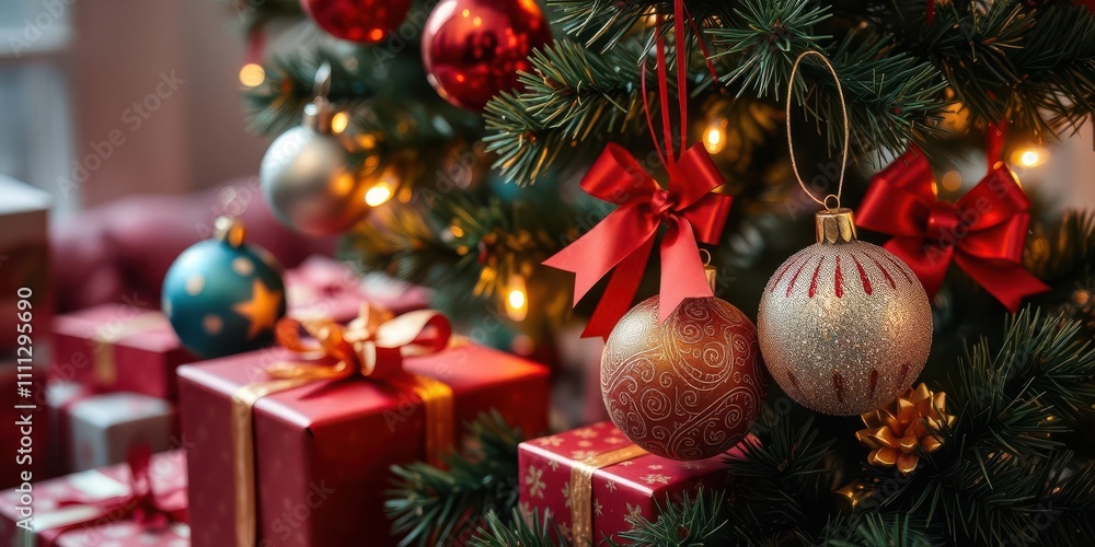 Beautifully decorated Christmas tree with a pile of colorful gifts underneath, ornaments, Christmas Beautifully decorated Christmas tree with a pile of colorful gifts underneath, ornaments, Christmas
