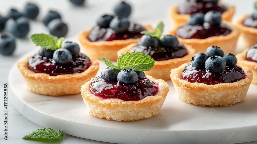 Mini Blueberry Tarts with Golden Flaky Crusts, Rich Jam, Fresh Blueberries, and Mint Garnish on White Marble Platter.AI Generation Mini Blueberry Tarts with Golden Flaky Crusts, Rich Jam, Fresh Blueberries, and Mint Garnish on White Marble Platter.AI Generation