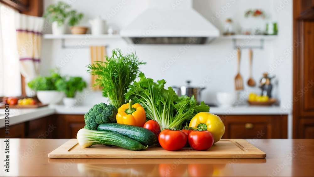 Fresh Vegetables on White Table in a Traditional Kitchen with Modern Minimalist Decor and Clean Lines Fresh Vegetables on White Table in a Traditional Kitchen with Modern Minimalist Decor and Clean Lines
