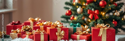 Christmas tree adorned with colorful ornaments and surrounded by a variety of wrapped gifts, celebration, decoration