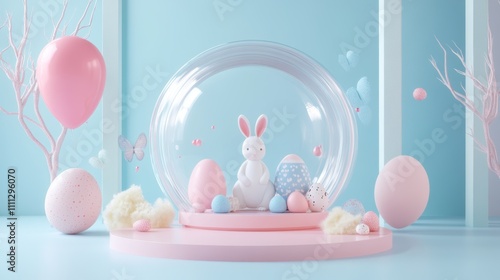 Delicate pastel spring decor featuring a bunny, eggs, and festive elements in a stylish display