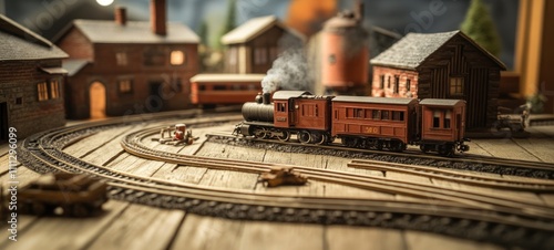 Miniature Train Town: A nostalgic model railroad scene showcasing a charming steam locomotive and its carriages traversing intricately designed tracks amidst detailed miniature buildings. photo