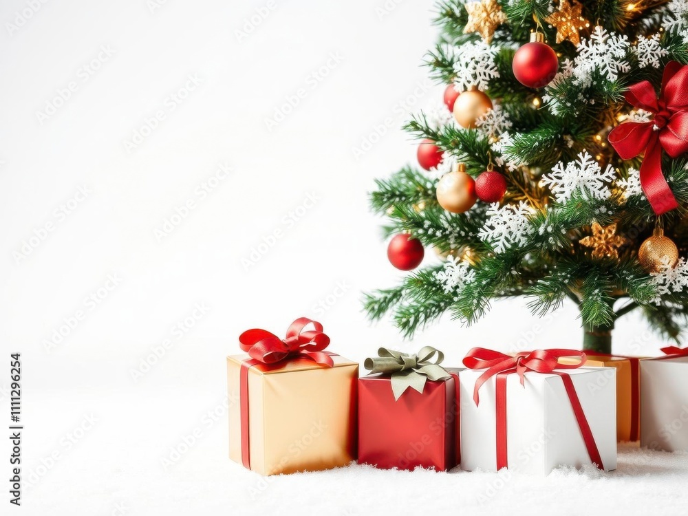 Christmas tree decorated with ornaments and lights surrounded by gift boxes in a winter wonderland setting, gift, white background Christmas tree decorated with ornaments and lights surrounded by gift boxes in a winter wonderland setting, gift, white background