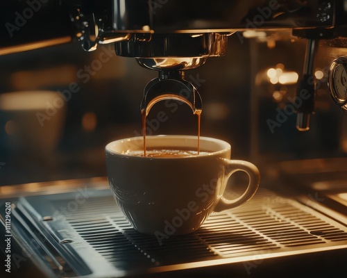 Espresso Being Poured from Espresso Machine into White Cup, High-Resolution Close-Up Shot.AI Generation