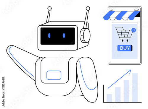 A robot next to a smartphone displaying an online shopping cart with a buy button and notification. A growth chart is also visible. Ideal for e-commerce, technology, online shopping, automation