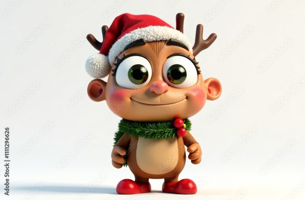 A cheerful cartoon reindeer character stands smiling with big eyes. Adorned with a festive Santa hat and green scarf, the character embodies the joy of the holiday season. A cheerful cartoon reindeer character stands smiling with big eyes. Adorned with a festive Santa hat and green scarf, the character embodies the joy of the holiday season.