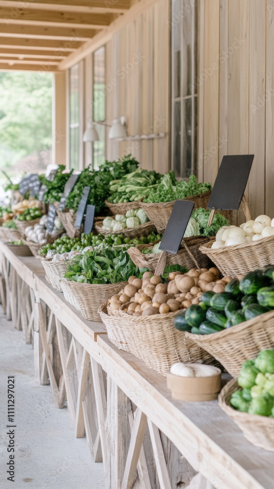 Baskets of fresh vegetables line a rustic wooden market stall, AI Baskets of fresh vegetables line a rustic wooden market stall, AI