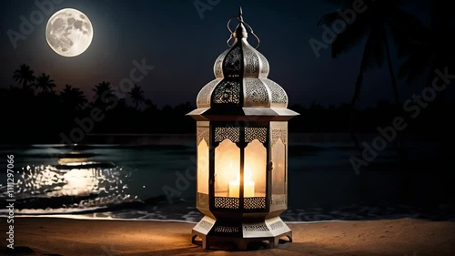 A lantern is lit on a beach at night. The lantern is lit up and the moon is in the background