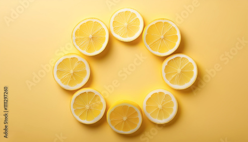 Lemon slices arranged in a circle like flower petals on a pastel yellow background