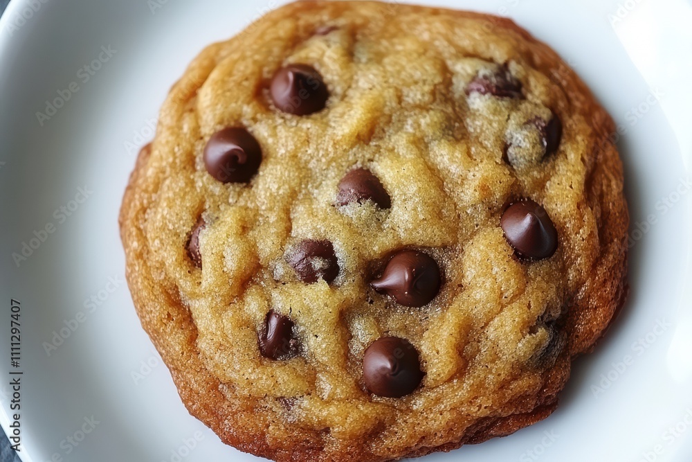 A freshly baked chocolate chip cookie on a plate, showcasing its golden-brown texture. A freshly baked chocolate chip cookie on a plate, showcasing its golden-brown texture.
