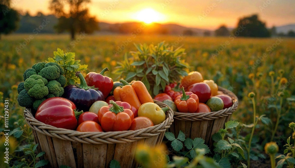 Golden Harvest: Fresh Vegetables in Rustic Baskets Golden Harvest: Fresh Vegetables in Rustic Baskets