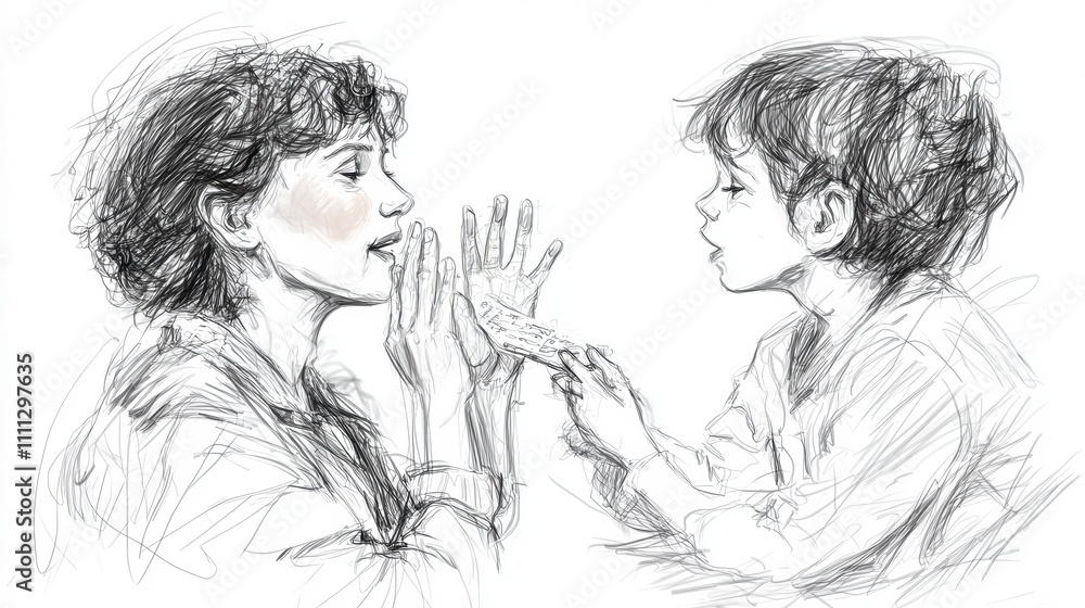 A sketch of a woman and child engaged in a playful interaction. A sketch of a woman and child engaged in a playful interaction.