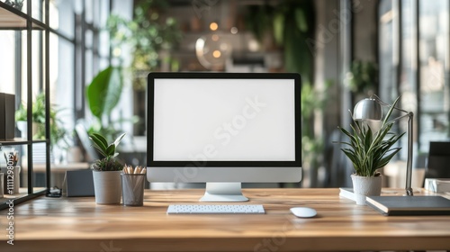 Modern workspace with desktop computer, keyboard, mouse, plants, and lamp on wooden desk.