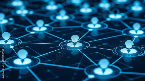 Multiple user icons connected through a complex digital network illustrate the concept of online communication and interaction. This representation emphasizes the interconnectedness of users.