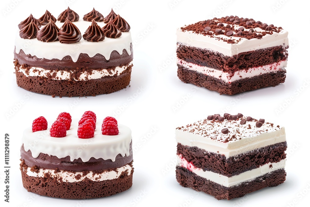 Assorted chocolate layer cakes, rich and moist, whipped cream and fruit toppings, chocolate shavings, isolated on white background, perfect for desserts and festive celebrations
Assorted chocolate layer cakes, rich and moist, whipped cream and fruit toppings, chocolate shavings, isolated on white background, perfect for desserts and festive celebrations