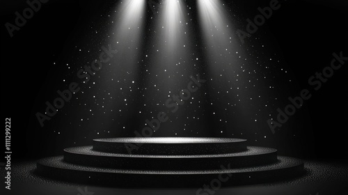 Dark stage with spotlights, glitter, and a circular podium.