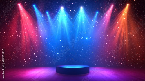 Illuminated stage with colorful spotlights and a platform.