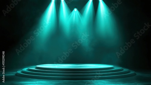 Teal spotlights illuminate a circular stage with tiered platform in smoky darkness.