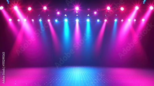 Vibrant stage lighting with pink and blue spotlights.