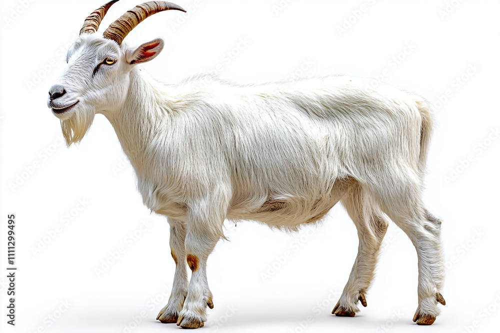 A White Goat Stands Against A White Background A White Goat Stands Against A White Background