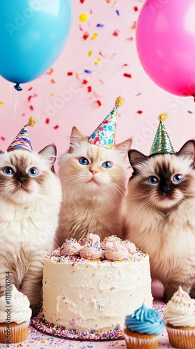 balinese cats wearing a birthday hat, cats playing above of a birthday cake with balloons and cupcakes in front of it, a happy facial expression,birthday decorations around, a colorful background
 photo