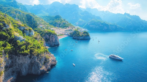 Panoramic view of coastal town nestled in mountains, boats on turquoise sea.