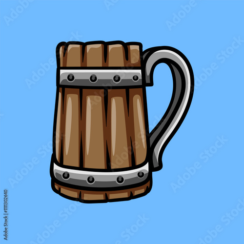 old wooden glass of beer isolated colored drawing line art style sketch classic vintage design illustration