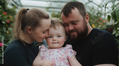 loving family portrait featuring child with Down syndrome, surrounded by vibrant greenery. warmth and joy of moment are beautifully captured