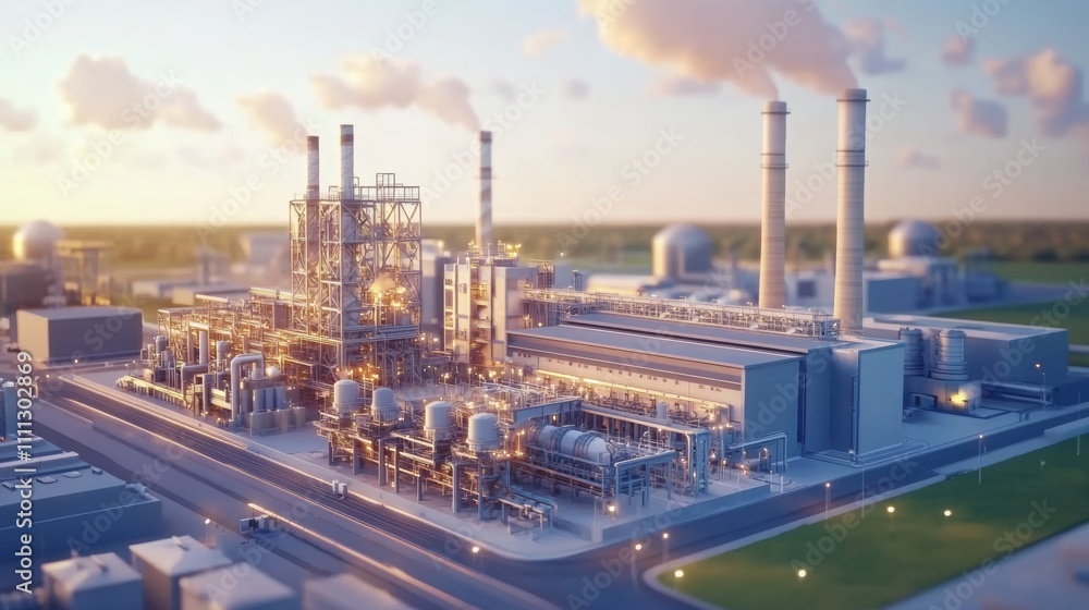 Industrial complex operates efficiently at sunset with billowing smoke from chimneys Industrial complex operates efficiently at sunset with billowing smoke from chimneys
