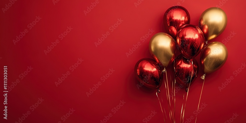 red balloons and gold balloons on solid background, copy space red balloons and gold balloons on solid background, copy space