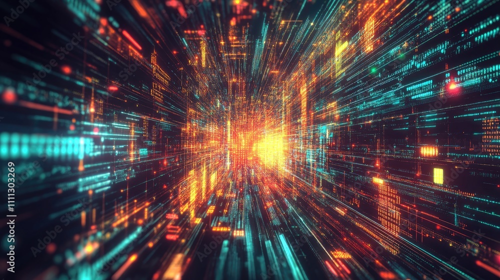 Abstract digital tunnel of glowing data streams and binary code. Abstract digital tunnel of glowing data streams and binary code.