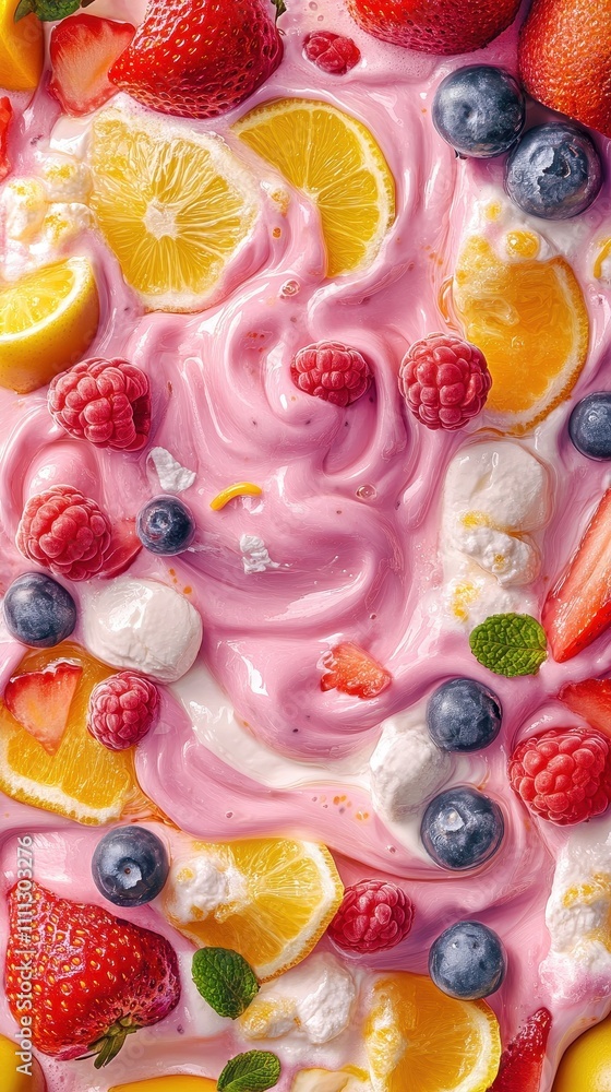 Colorful yogurt swirl with vibrant fruits creating an inviting and appetizing display Colorful yogurt swirl with vibrant fruits creating an inviting and appetizing display
