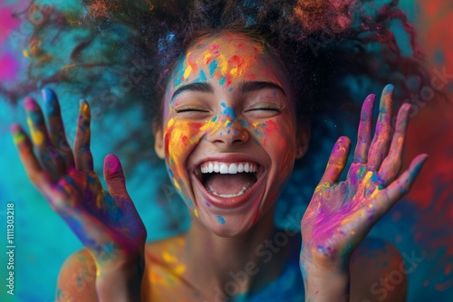 Joyful girl playing with colorful powder during vibrant summer festival in an energetic atmosphere photo