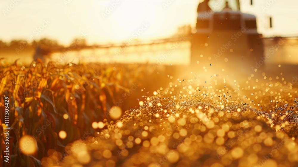 Fototapeta premium Agricultural scene with tractor spraying crops under golden sunlight, showcasing farming practices and vibrant cornfield. Nature and sustainability concept.