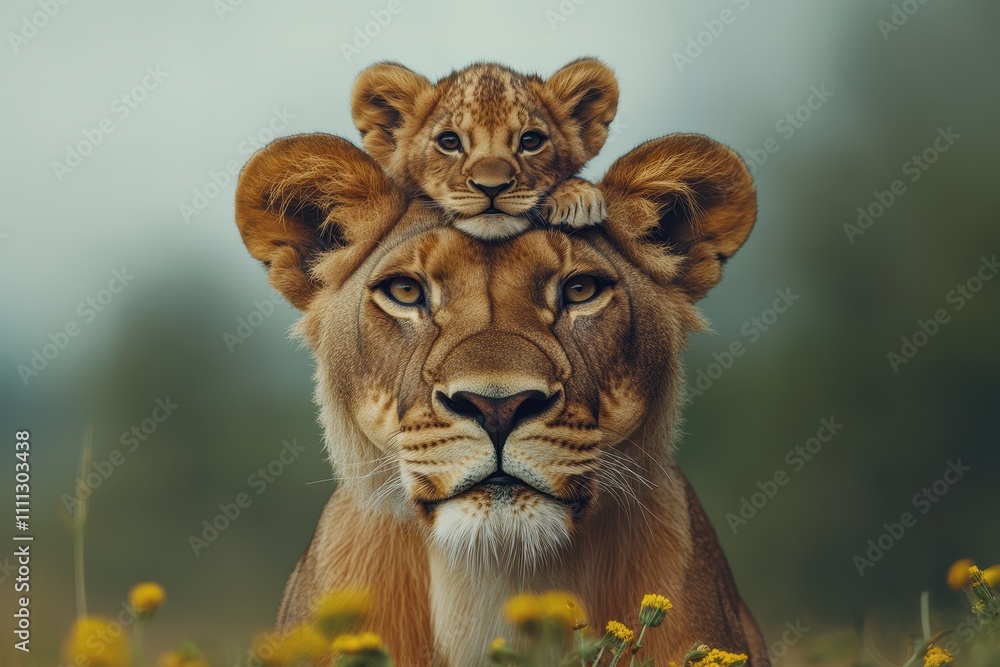 Obraz premium Lion cub rests playfully on lioness head while expressing joy in a natural setting