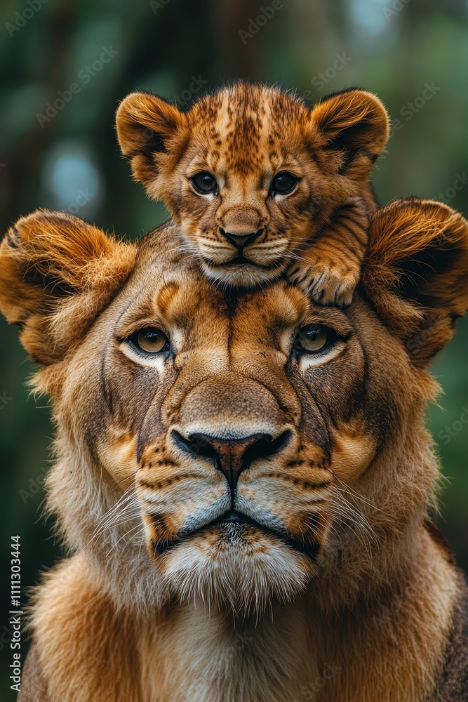 Fototapeta premium Joyful lion cub interacts playfully with loving lioness in nature