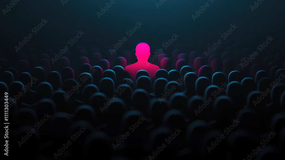 Fototapeta premium digital portrait of lone person surrounded by crowd, creating striking contrast with vibrant colors. scene evokes feelings of isolation and individuality