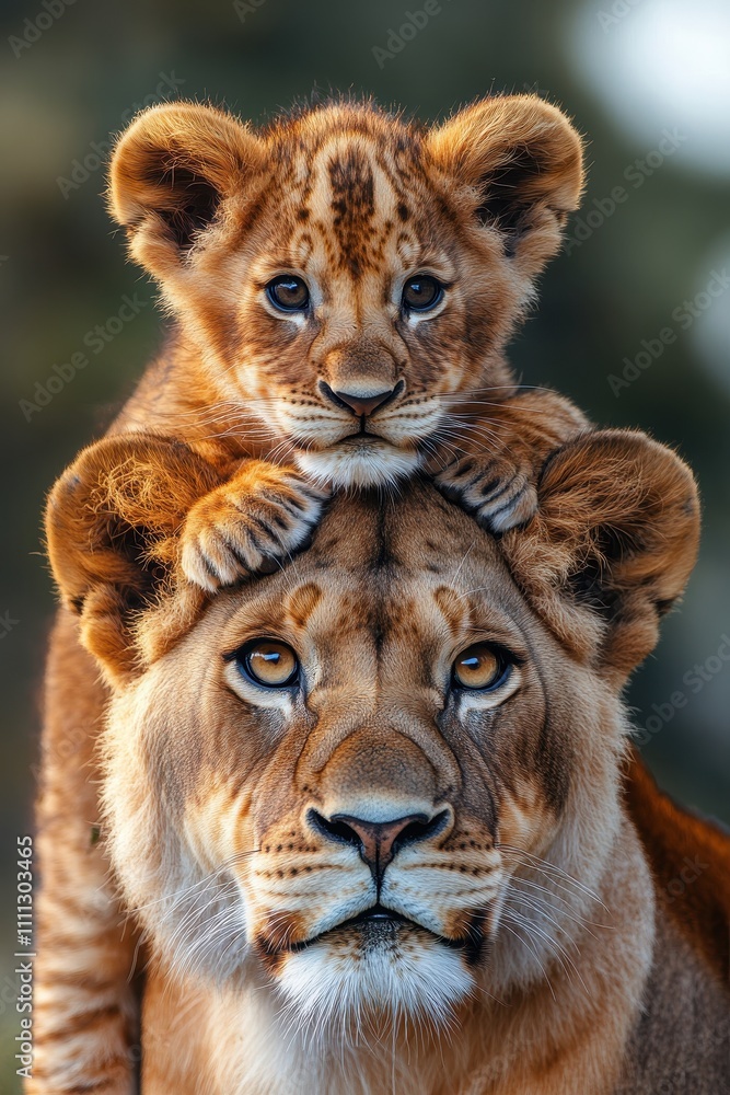 Lion cub joyfully rests on the head of a lioness with expressive eyes in a natural setting Lion cub joyfully rests on the head of a lioness with expressive eyes in a natural setting