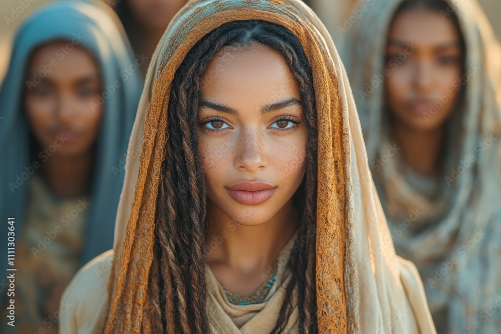 Diverse group of biblical women united in a serene desert landscape at sunset Diverse group of biblical women united in a serene desert landscape at sunset