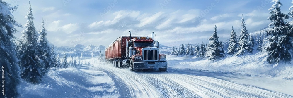 Naklejka premium semi-truck transport on icy road in the winter