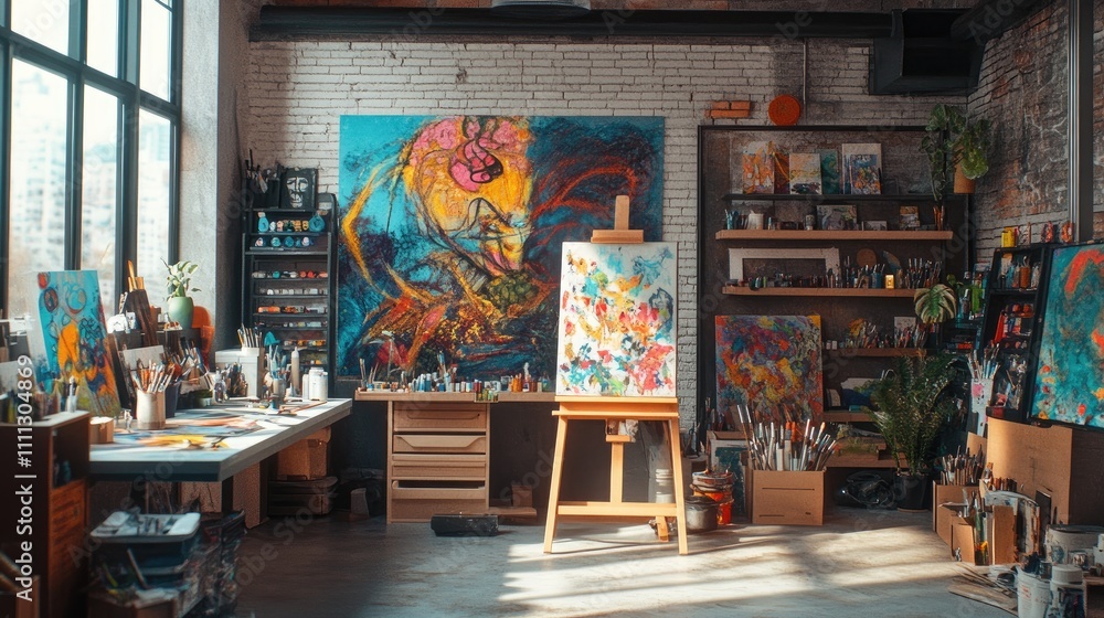 Sunlit artist's studio with colorful paintings, easels, and art supplies. Sunlit artist's studio with colorful paintings, easels, and art supplies.
