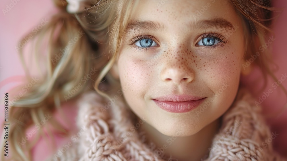 Closeup portrait of a cute girl with blonde hair, blue eyes, and freckles. She's wearing a light beige knit sweater against a pink background. A sweet, gentle expression. Closeup portrait of a cute girl with blonde hair, blue eyes, and freckles. She's wearing a light beige knit sweater against a pink background. A sweet, gentle expression.