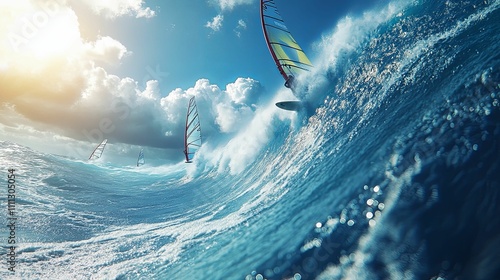 Windsurfers Riding Ocean Waves Under Sunny Skies