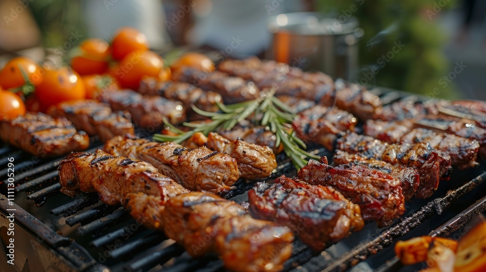 Closeup of juicy grilled kebabs with rosemary on a barbecue grill. Sizzling meat and vibrant tomatoes are visible. Outdoor summer cooking scene. Closeup of juicy grilled kebabs with rosemary on a barbecue grill. Sizzling meat and vibrant tomatoes are visible. Outdoor summer cooking scene.