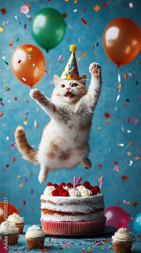 balinese cats wearing a birthday hat, cats playing above of a birthday cake with balloons and cupcakes in front of it, a happy facial expression,birthday decorations around, a colorful background
 photo