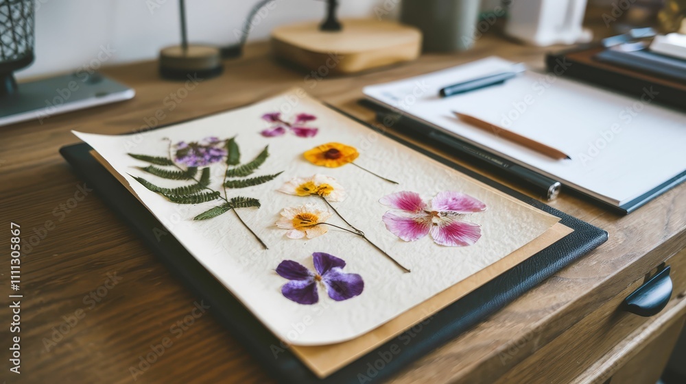 A beautifully arranged display of pressed flowers on paper, resting on a wooden desk alongside stationery and decorative items. A beautifully arranged display of pressed flowers on paper, resting on a wooden desk alongside stationery and decorative items.